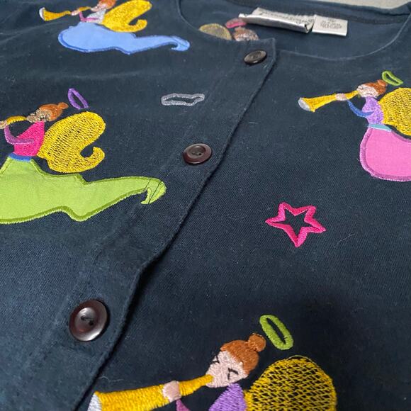 Vintage Michael Simon Lite Art Deco Angels Trumpets Black Cardigan Sweater XL - Picture 3 of 7